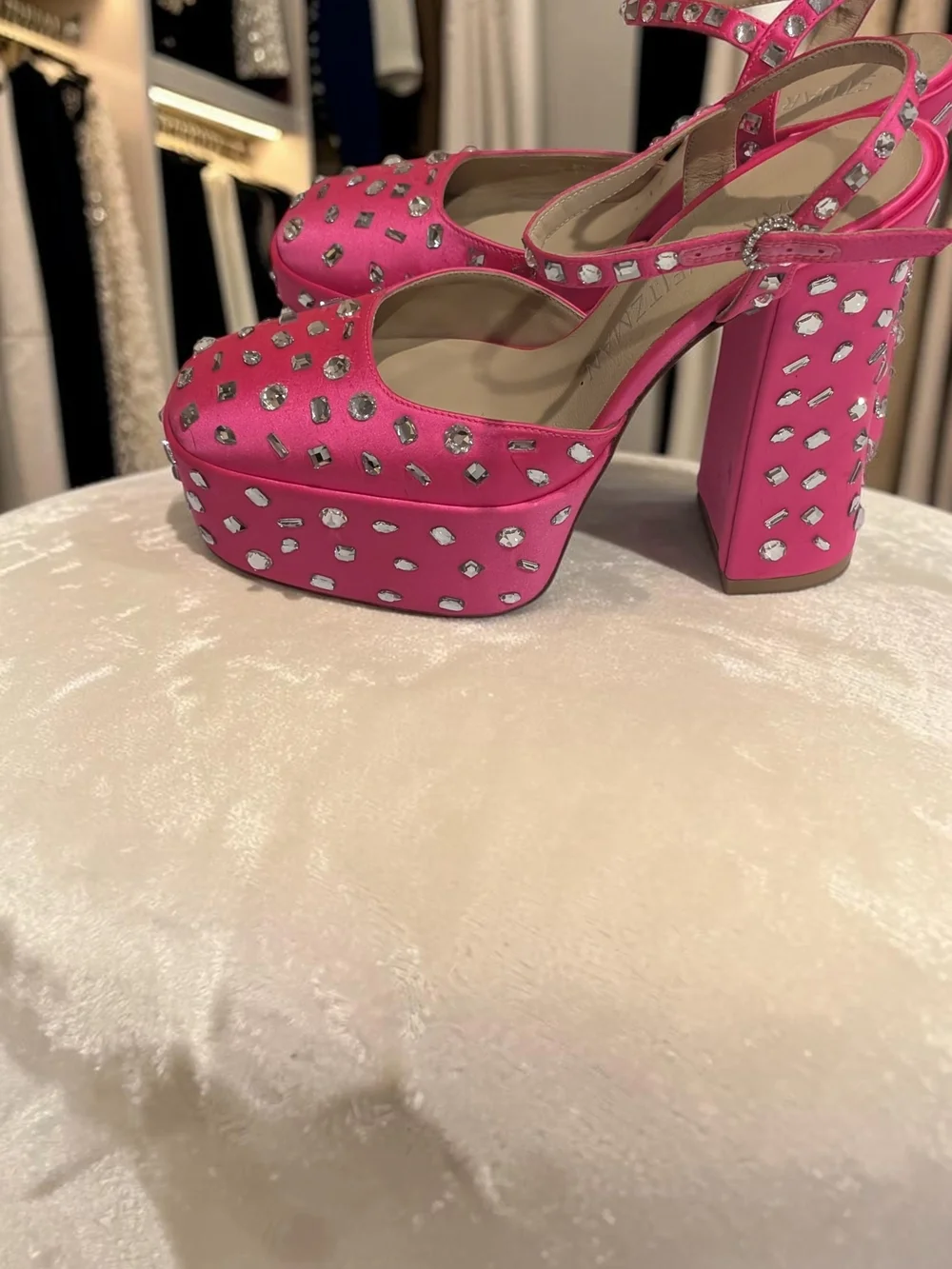 Stuart Weitzman Pink Satin Rhinestone Platform Heels 7 NWOB